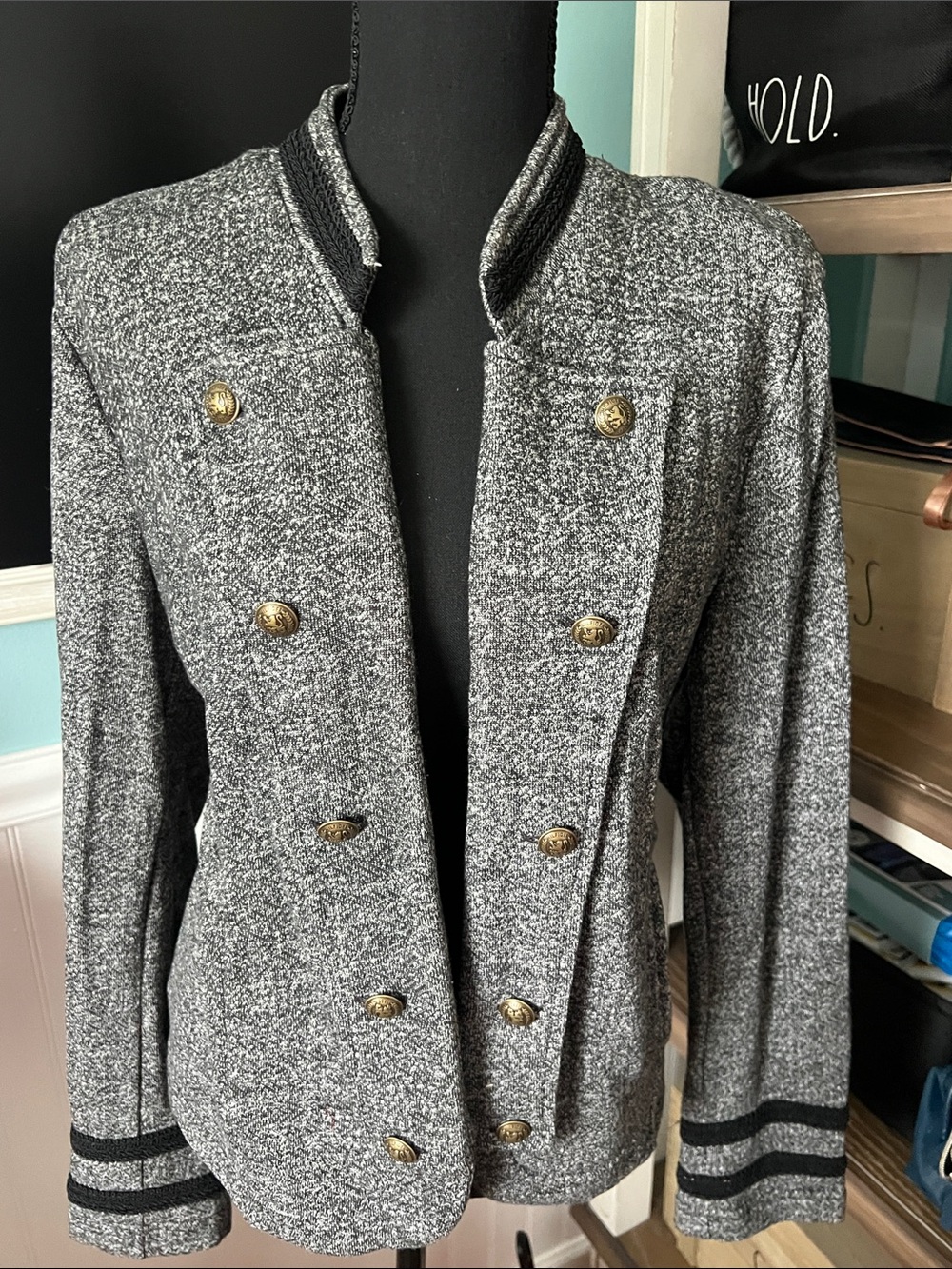 Tommy Hilfiger Gray Double-Breasted Military Blazer with Gold Buttons